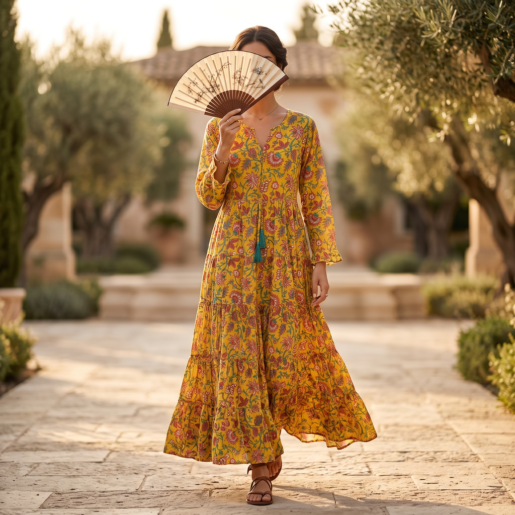 S-M Razia Crystal Printed Cotton Dress 57" Long Jalabiya RN 127