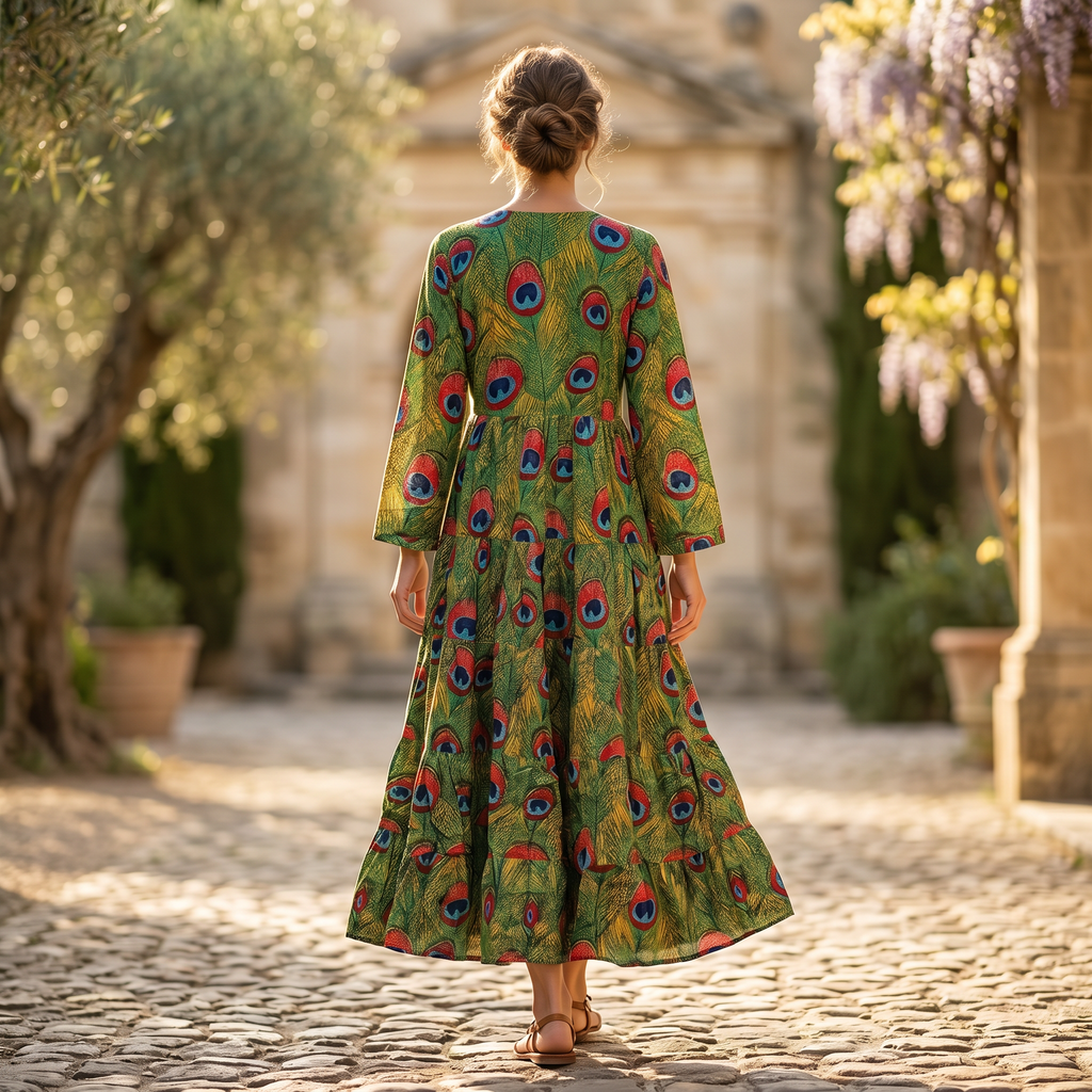 S-M Razia Crystal Printed Cotton Dress 57" Long Jalabiya RN 128
