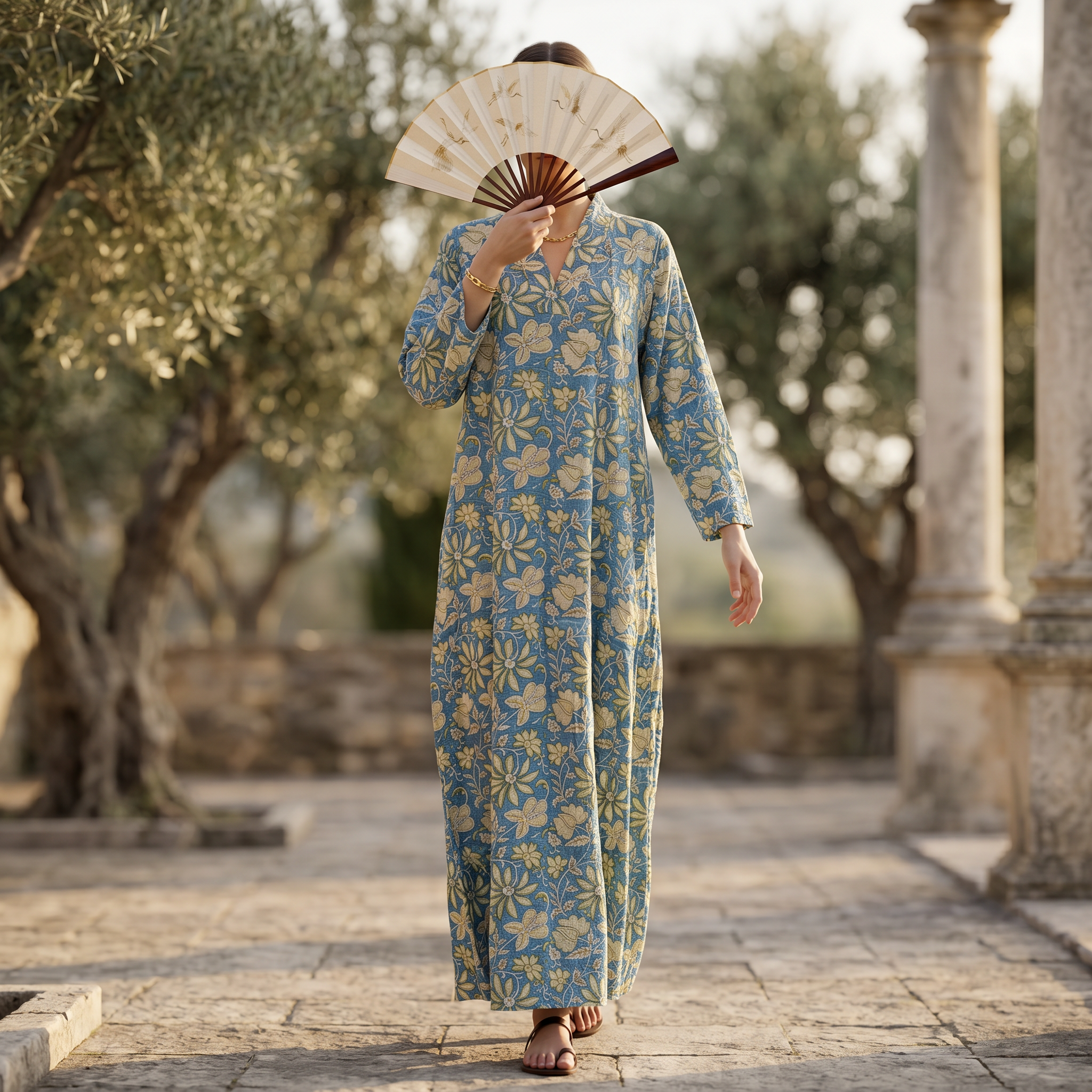 S-M Teena Crystal Printed Cotton Dress 57" Long Jalabiya RN 130