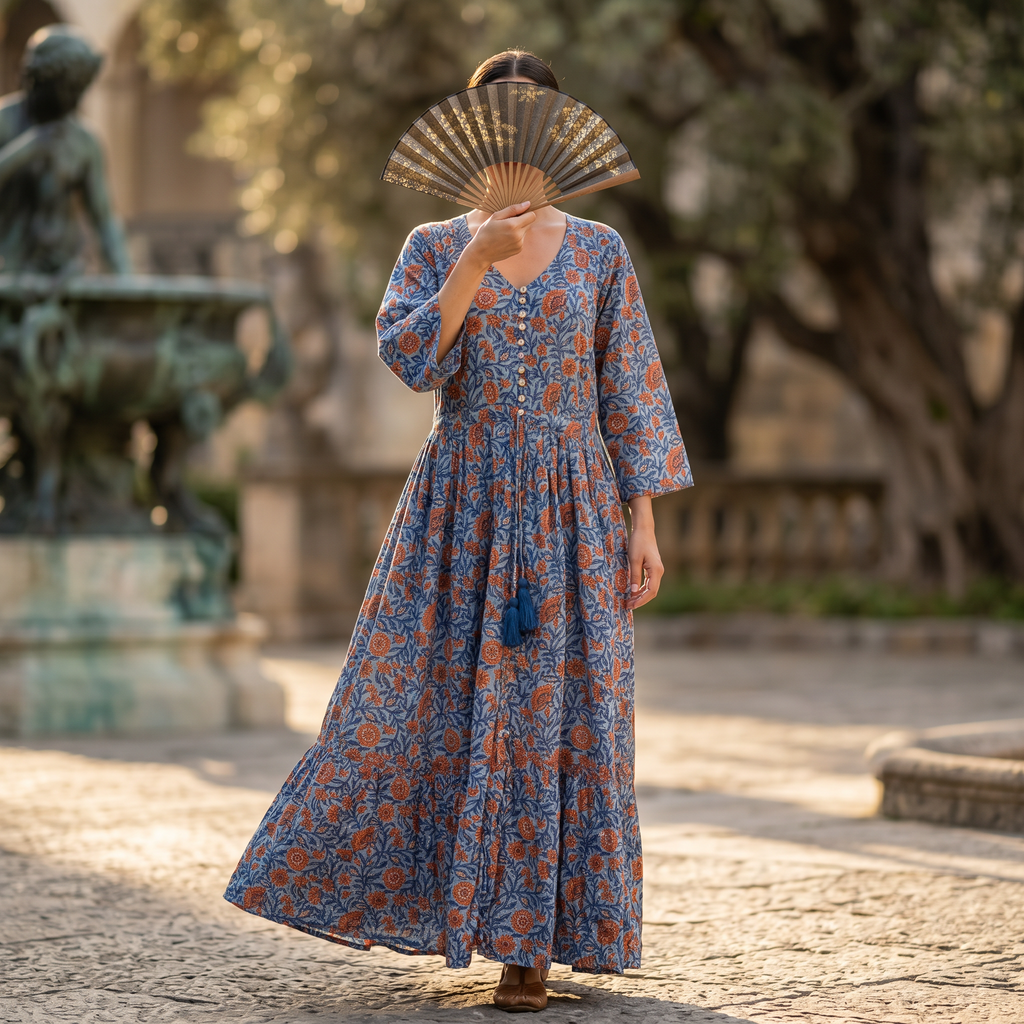 S-M Ari Crystal Printed Cotton Dress 57" Long Jalabiya RN 137