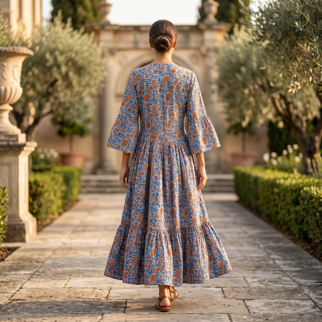 S-M Ari Crystal Printed Cotton Dress 57" Long Jalabiya RN 137