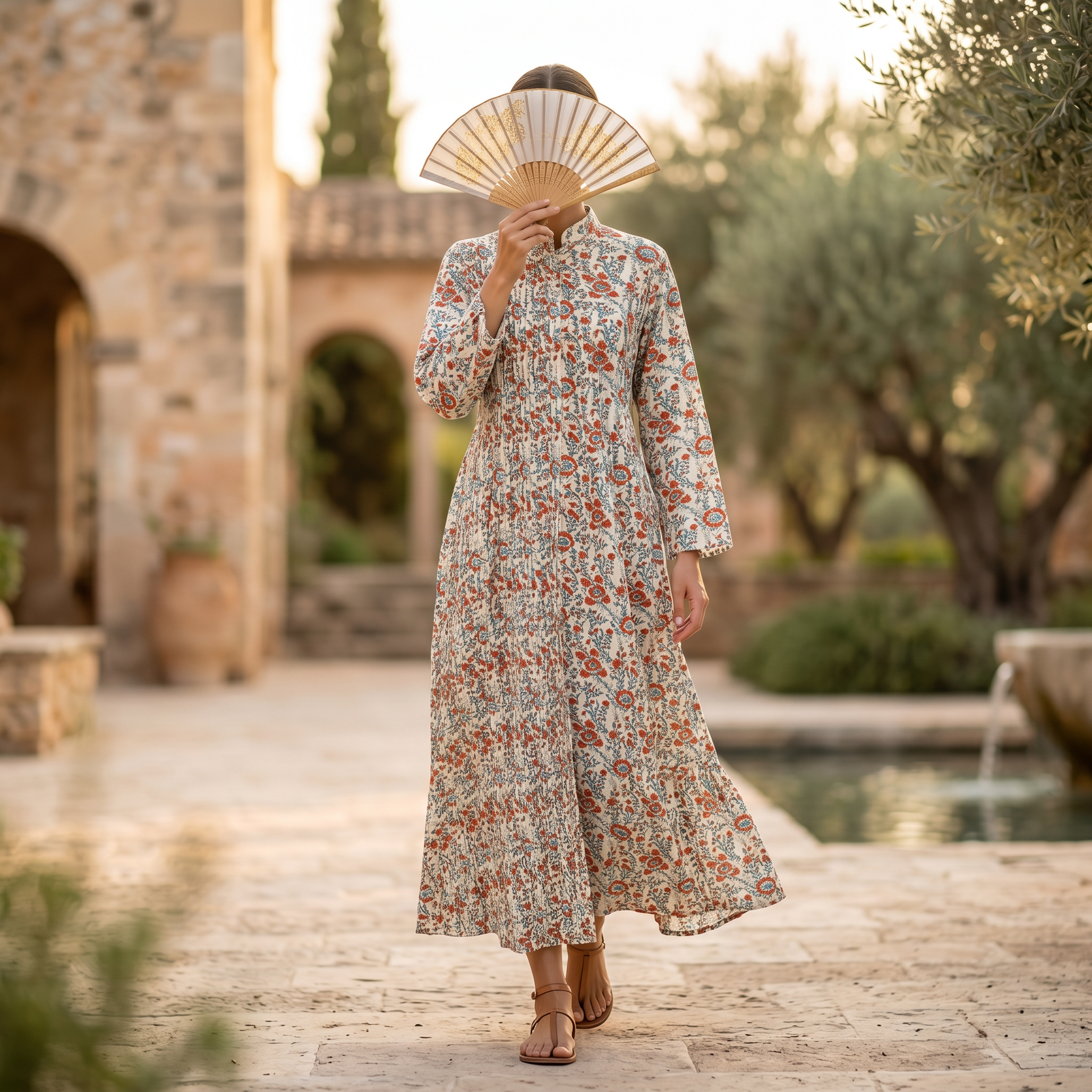S-M Shyla Crystal Printed Cotton Dress 57" Long Jalabiya RN 139