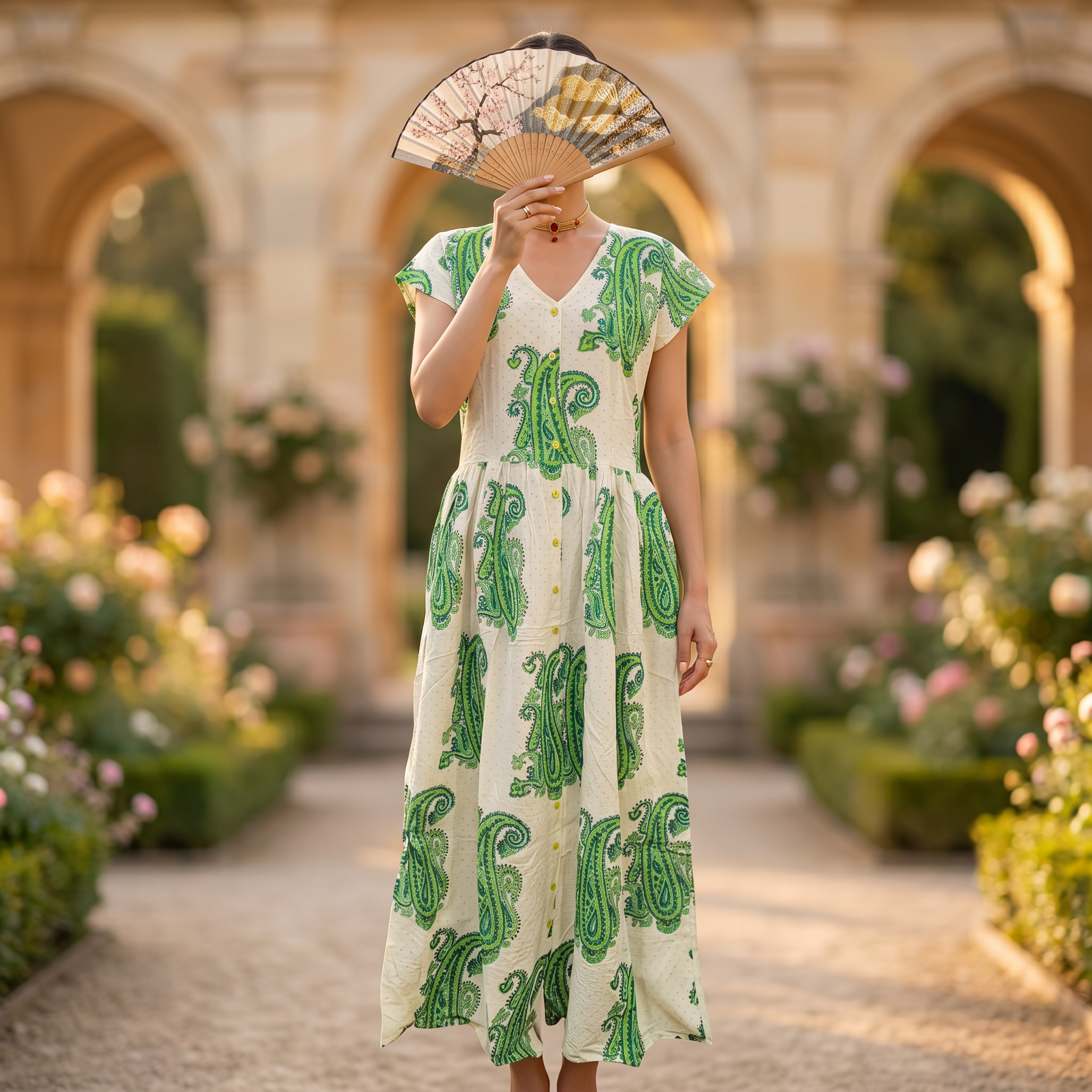S-M Precious Crystal Printed Cotton Dress 57" Long Jalabiya RN 141