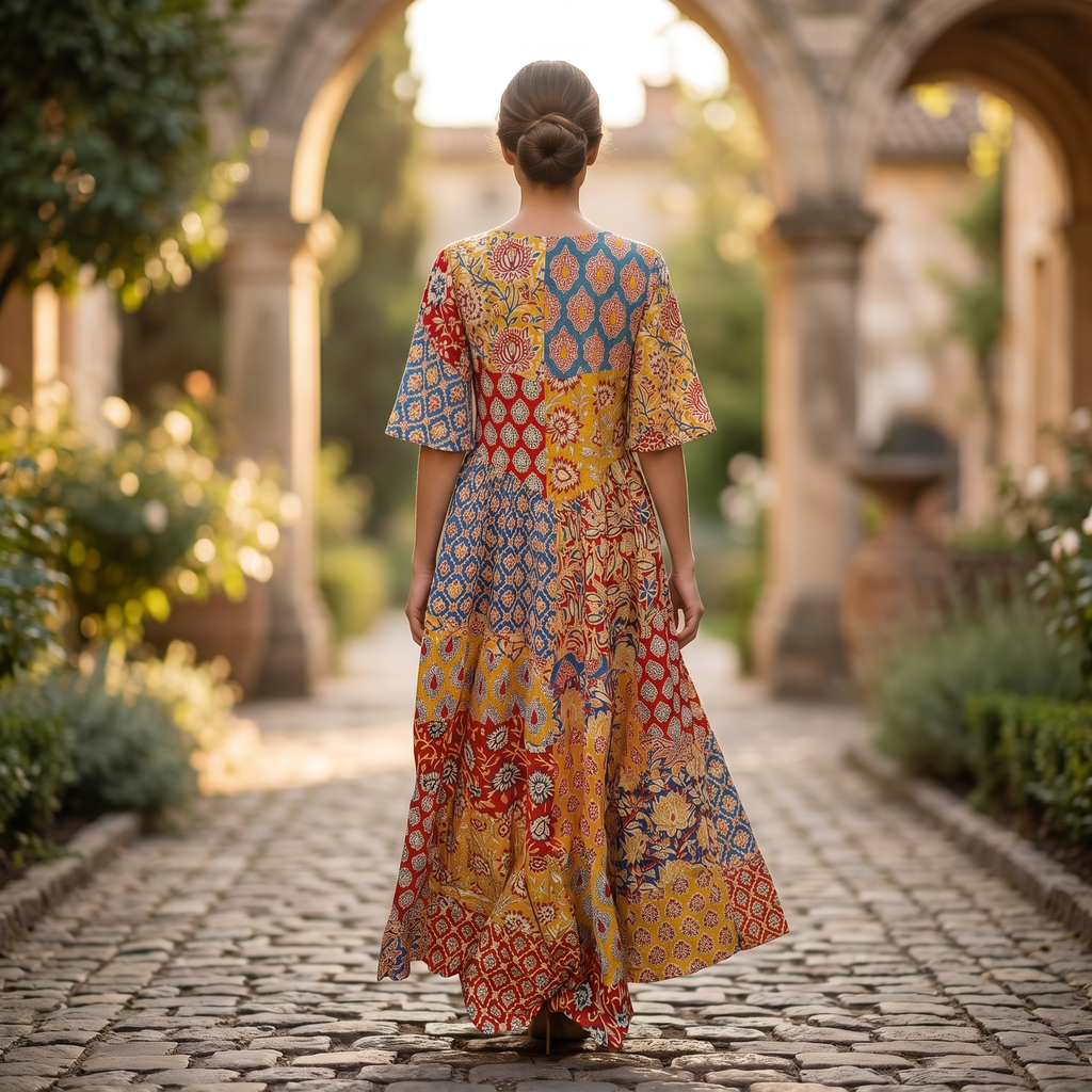 S-M Zaib Crystal Printed Cotton Dress 57" Long Jalabiya RN 142
