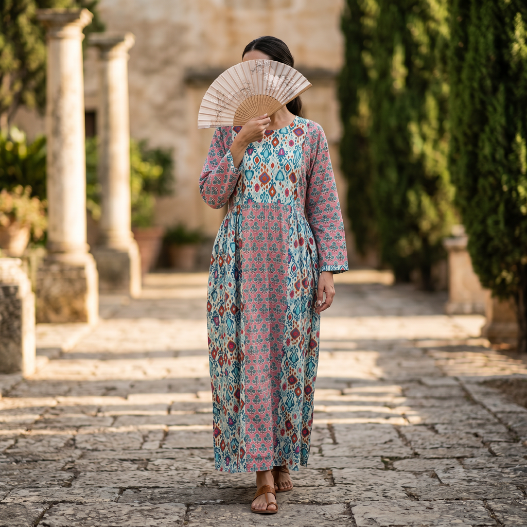 S-M Heba Crystal Printed Cotton Dress 57" Long Jalabiya RN 143