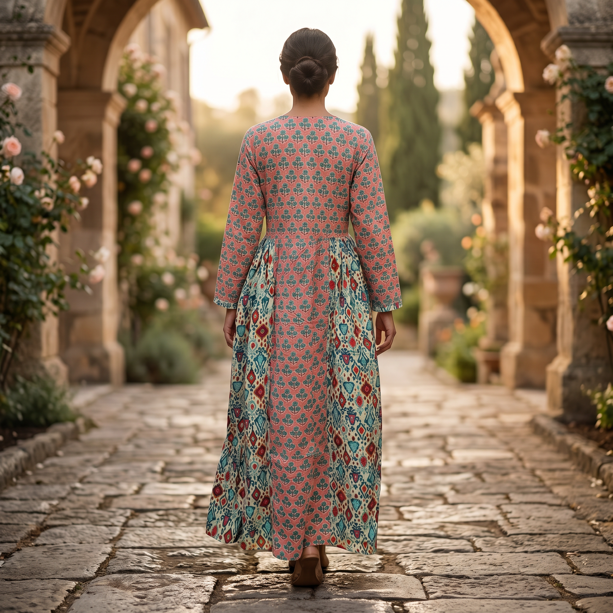 S-M Heba Crystal Printed Cotton Dress 57" Long Jalabiya RN 143