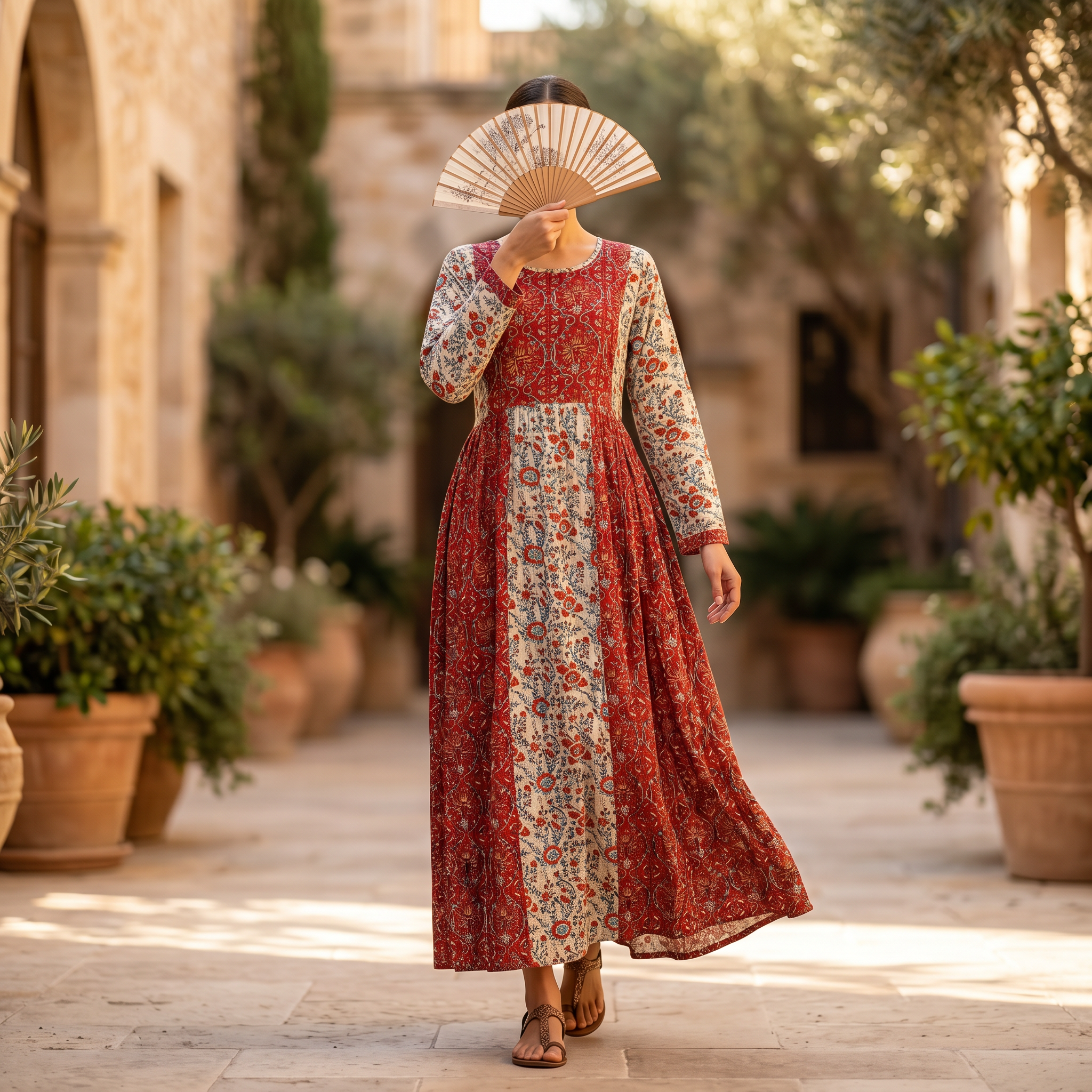 S-M Heba Crystal Printed Cotton Dress 57" Long Jalabiya RN 144