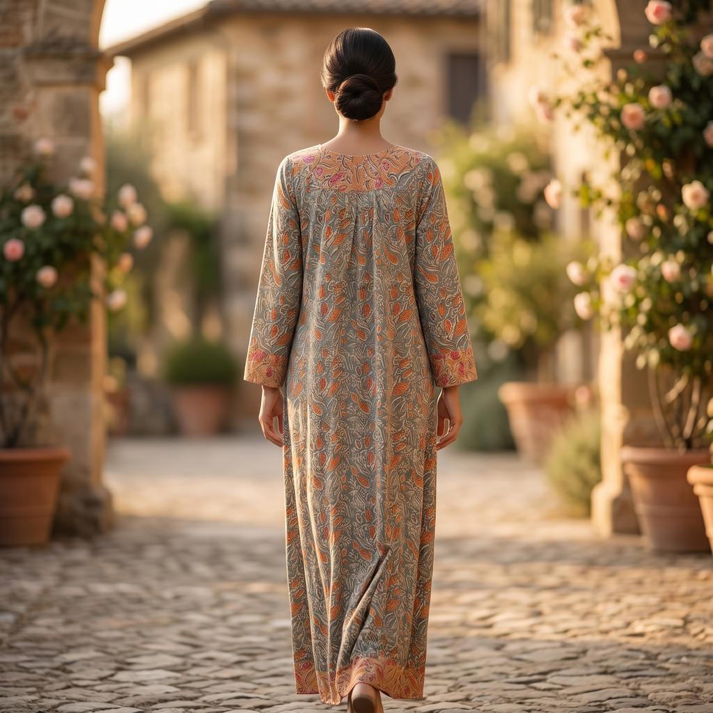 S-M Lara Crystal Printed Cotton Dress 57" Long Jalabiya RN 147