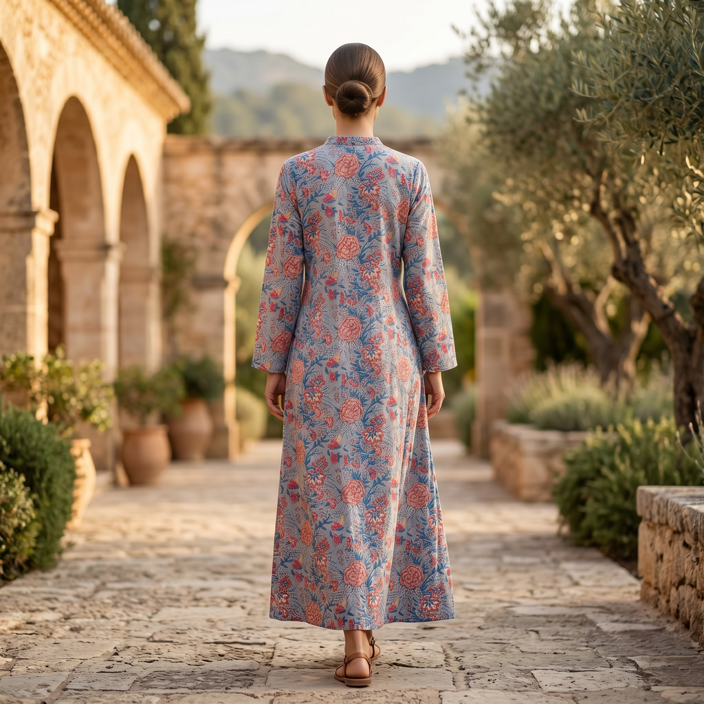 S-M Sofi Crystal Printed Cotton Dress 48" Long Jalabiya RN 148