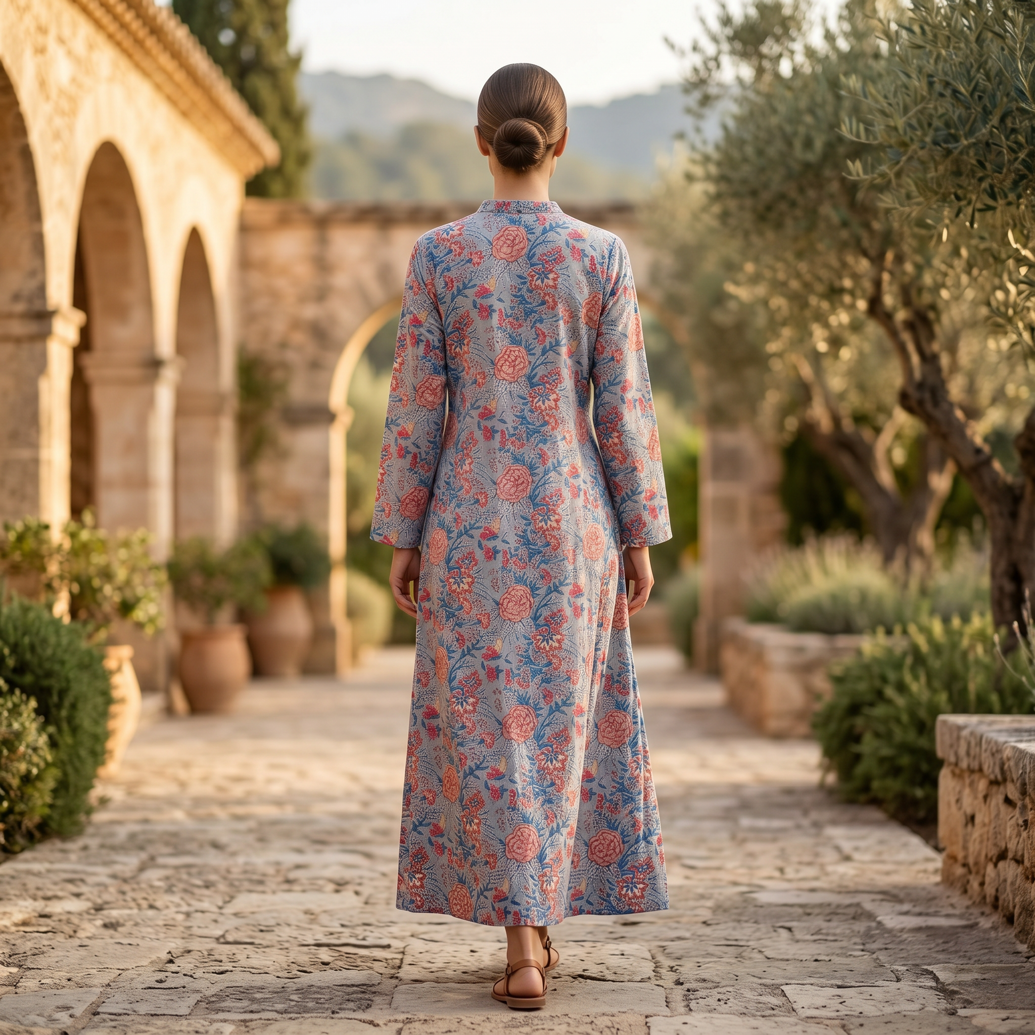 S-M Sofi Crystal Printed Cotton Dress 48" Long Jalabiya RN 148