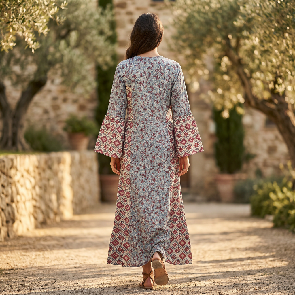 S-M Marry Crystal Printed Cotton Dress 57" Long Jalabiya RN 149