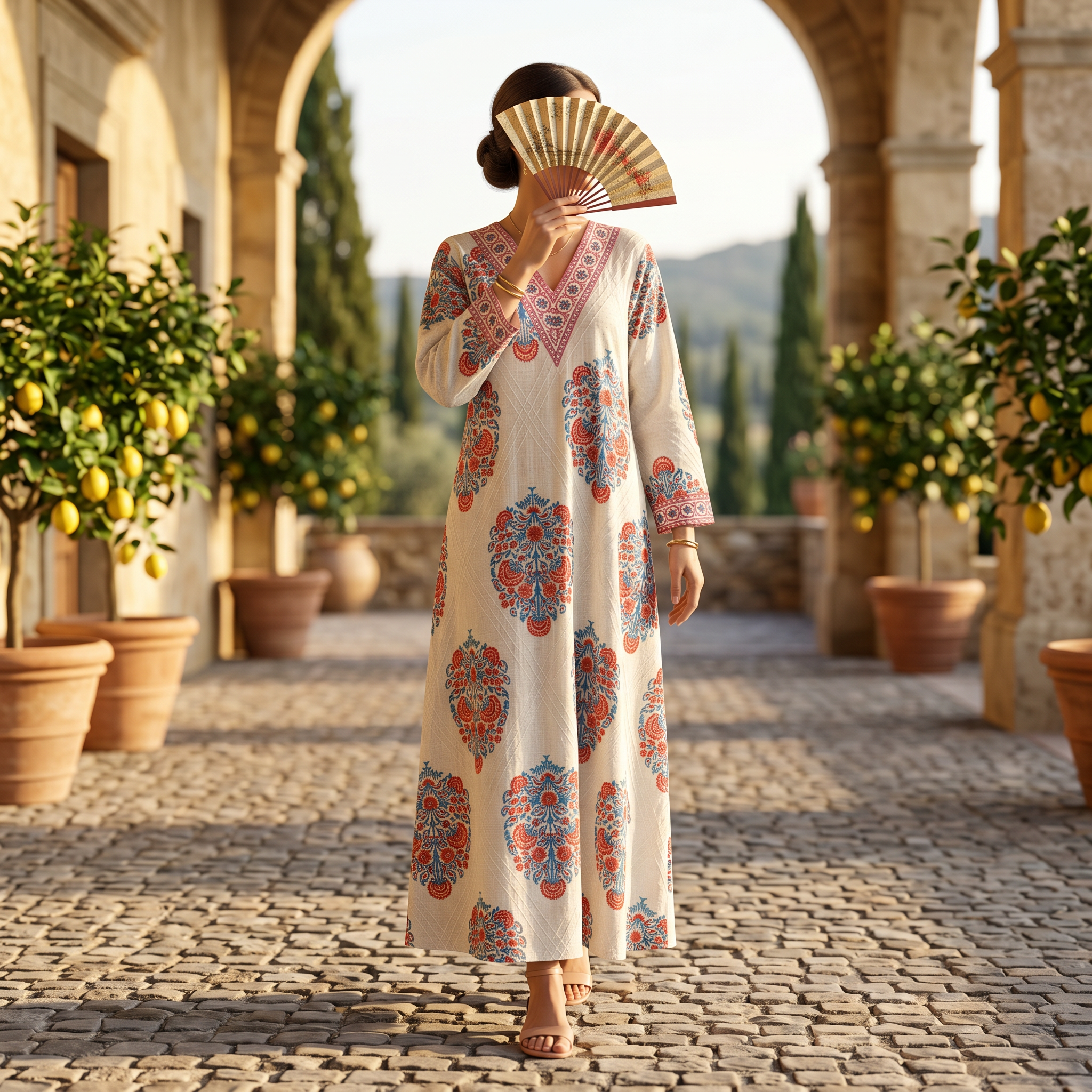 S-M Leila Crystal Printed Cotton Dress 57" Long Jalabiya RN 150