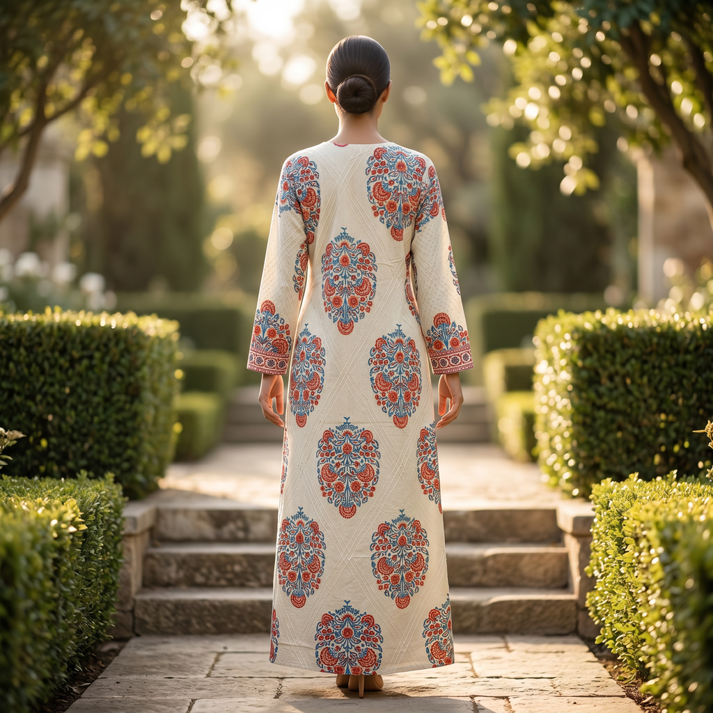 S-M Leila Crystal Printed Cotton Dress 57" Long Jalabiya RN 150