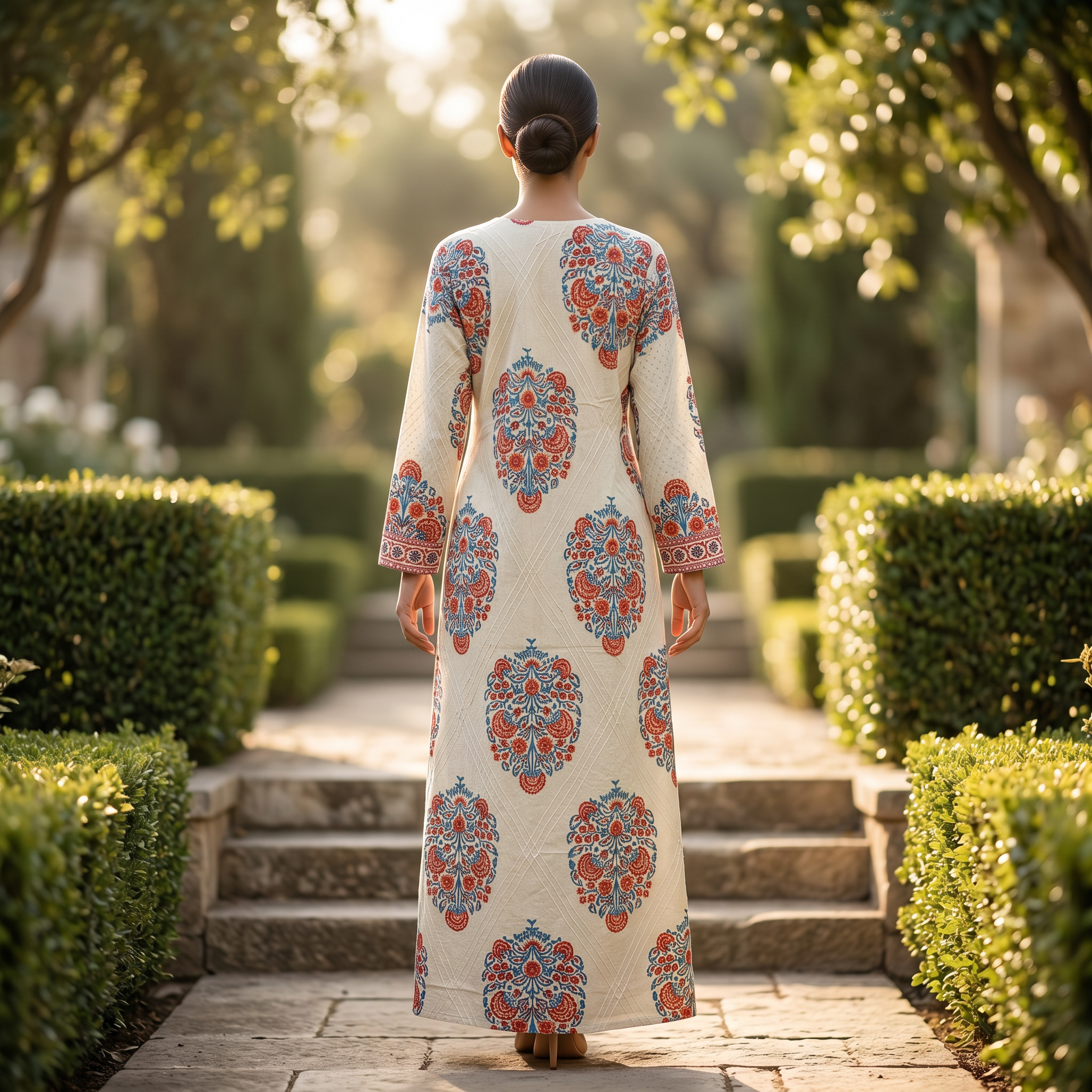 S-M Leila Crystal Printed Cotton Dress 57" Long Jalabiya RN 150