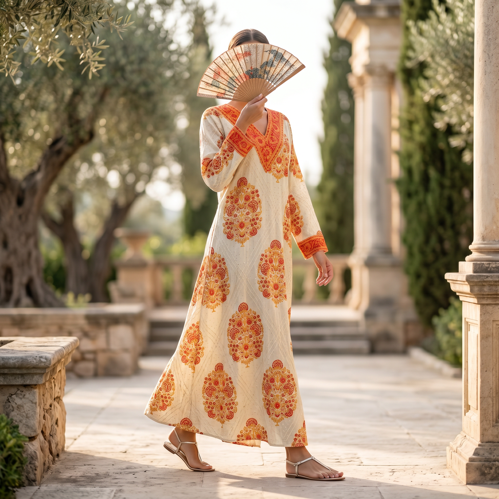 S-M Leila Crystal Printed Cotton Dress 57" Long Jalabiya RN 151