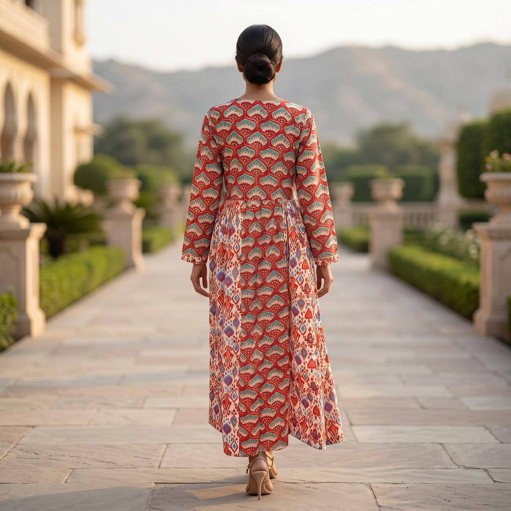 XS-S Heba Crystal Printed Cotton Dress 54" Long Jalabiya RN 156