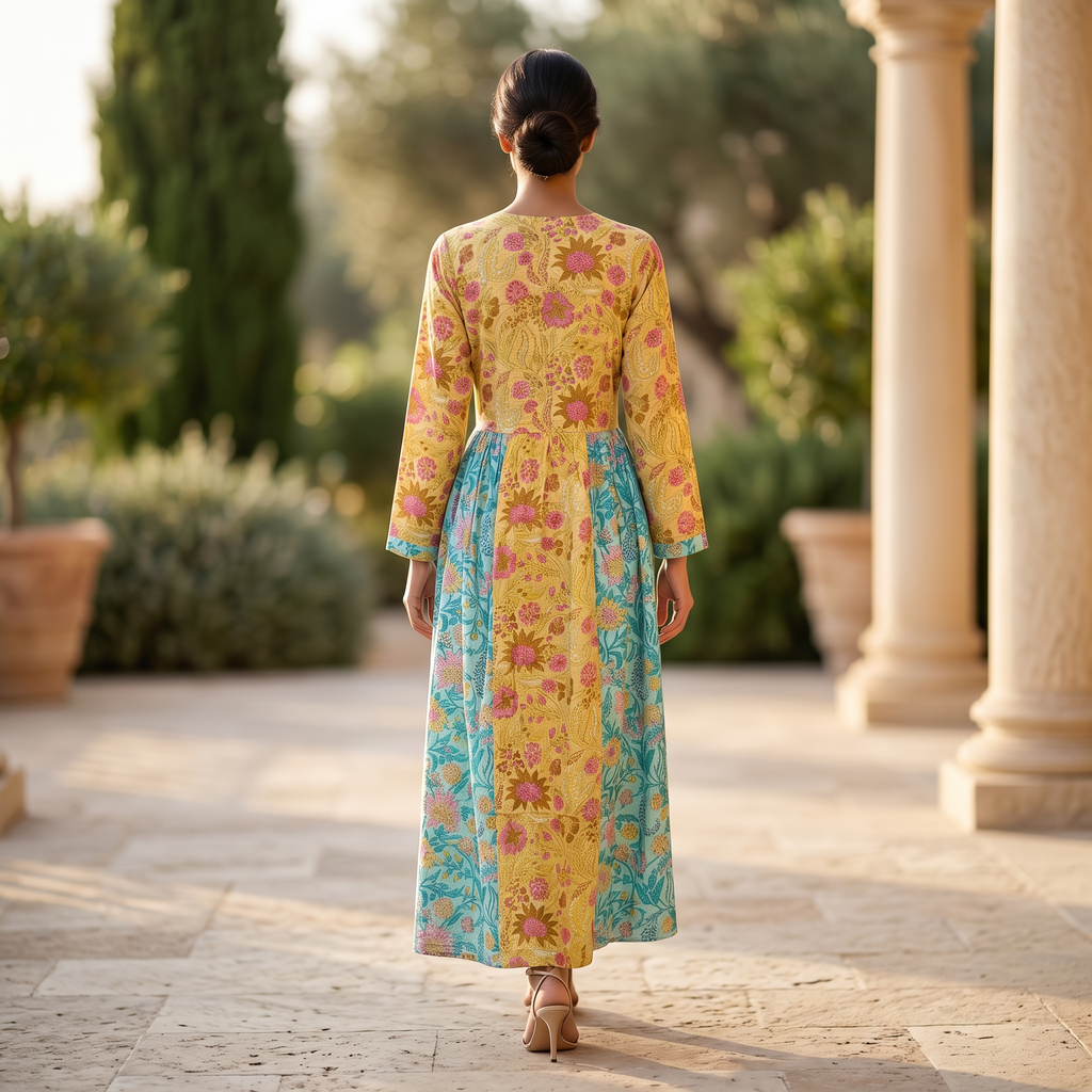 XS-S Heba Crystal Printed Cotton Dress 54" Long Jalabiya RN 162