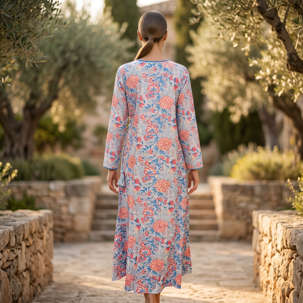 XS-S Qifa Crystal Printed Cotton Dress 48" Long Jalabiya RN 165