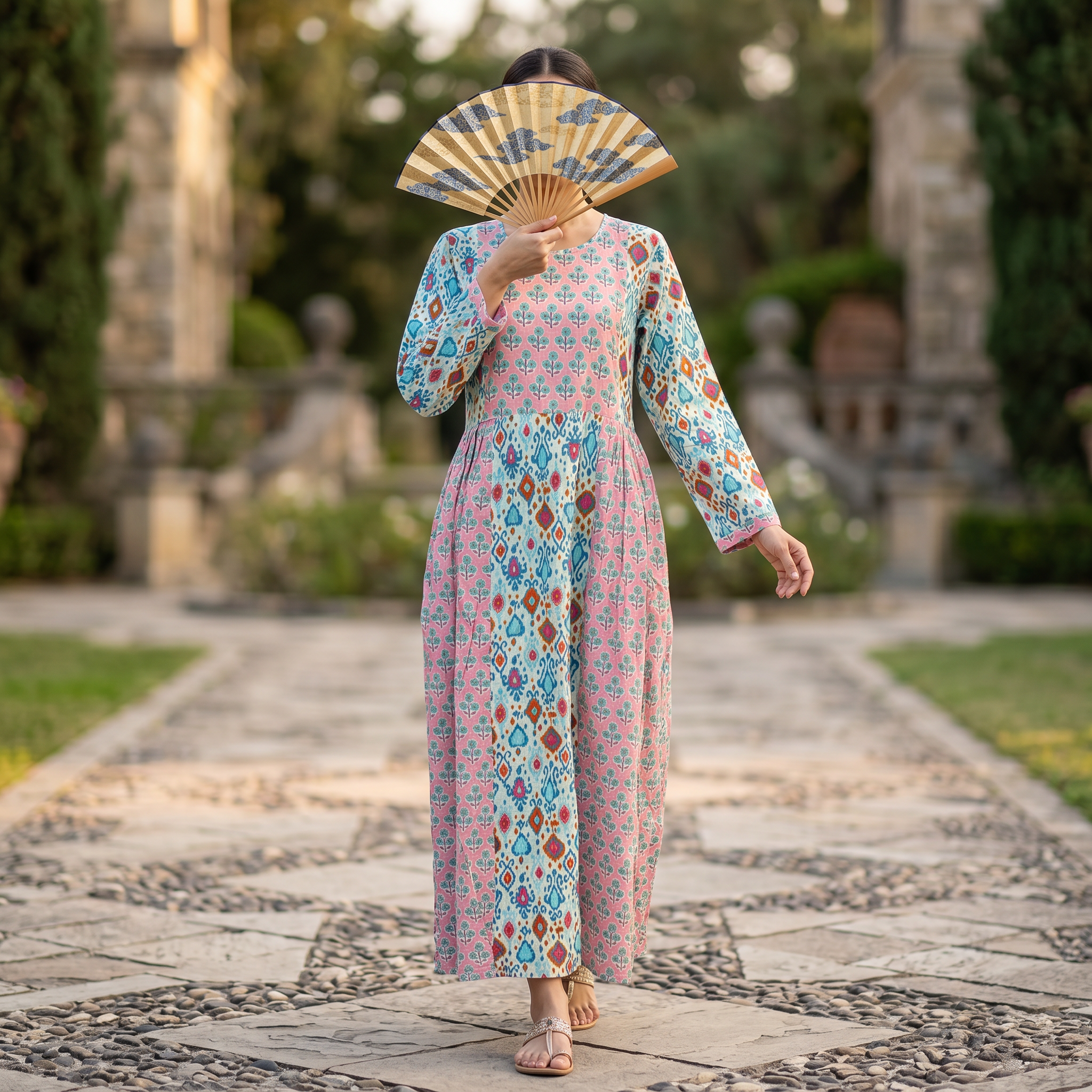 XS-S Heba Crystal Printed Cotton Dress 54" Long Jalabiya RN 166