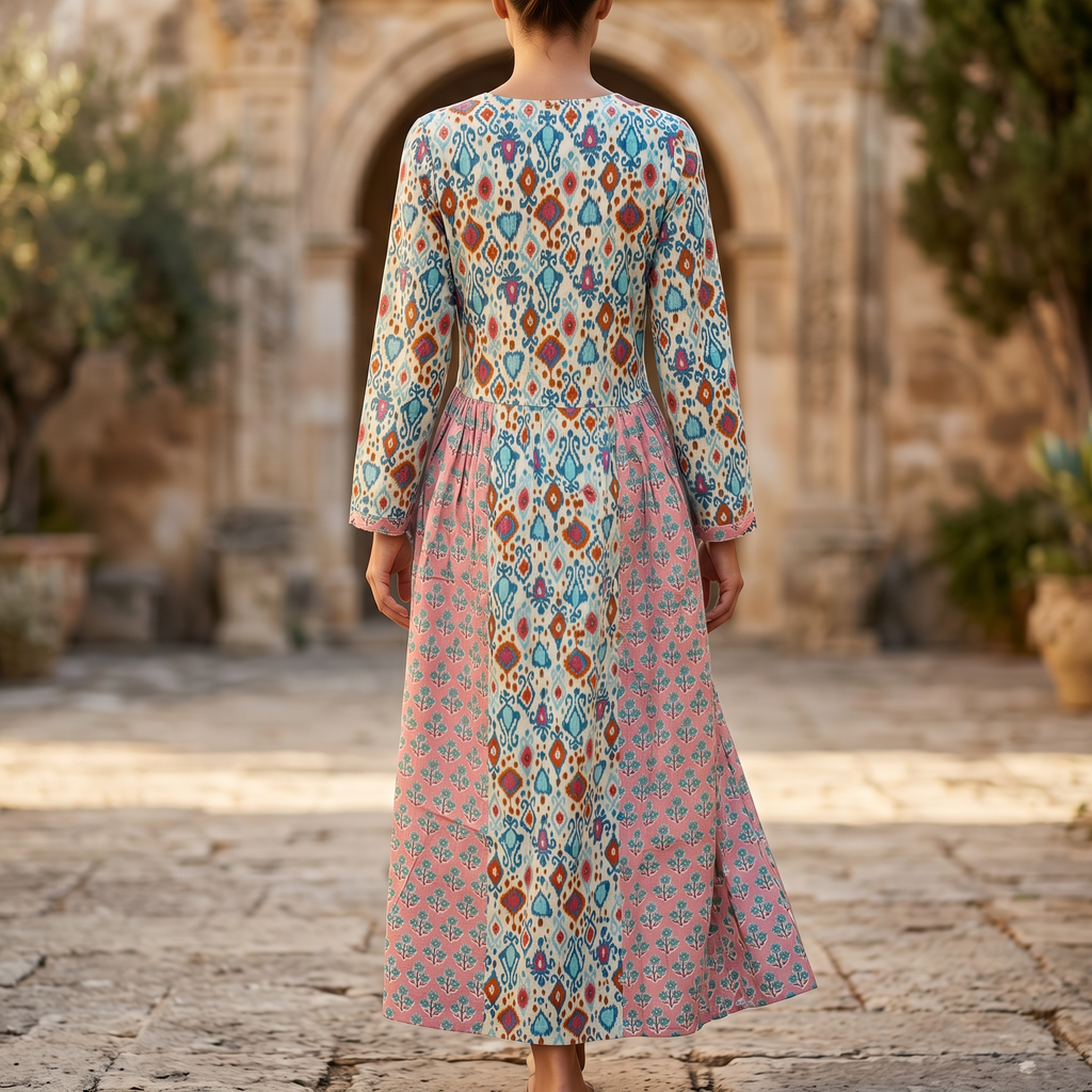 XS-S Heba Crystal Printed Cotton Dress 54" Long Jalabiya RN 166
