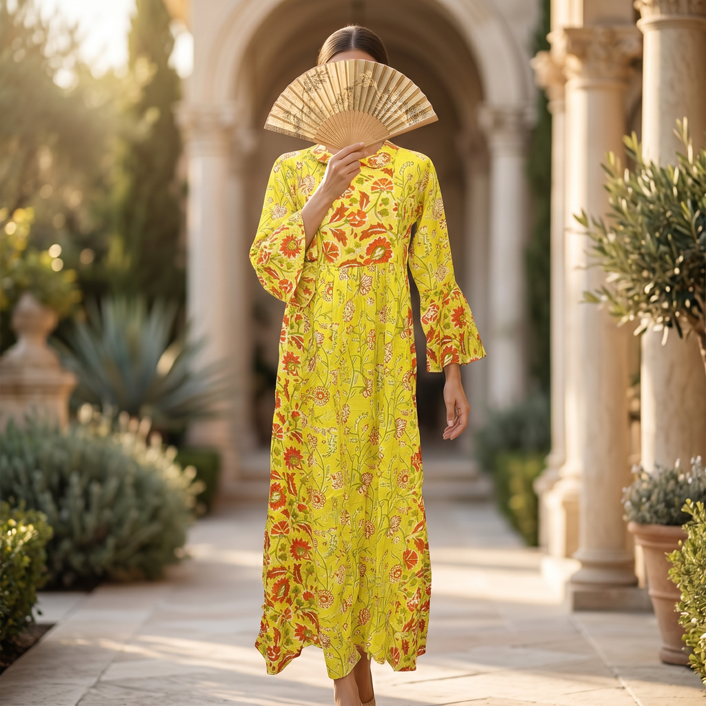 XS-S Husn Crystal Printed Cotton Dress 54" Long Jalabiya RN 167