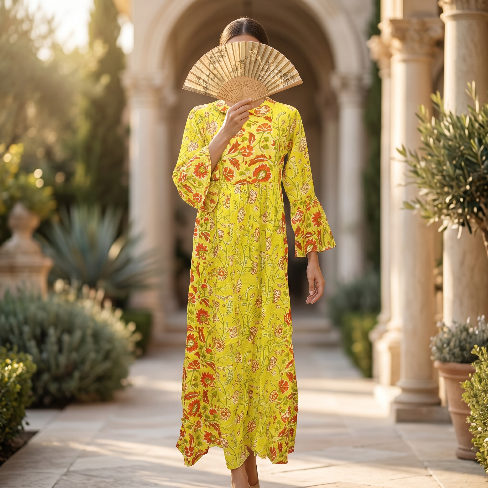 XS-S Husn Crystal Printed Cotton Dress 54" Long Jalabiya RN 167