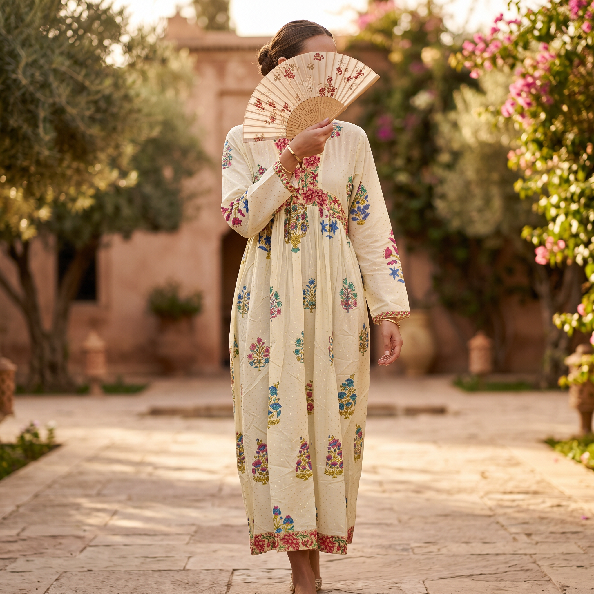 XS-S Nida Crystal Printed Cotton Dress 54" Long Jalabiya RN 168