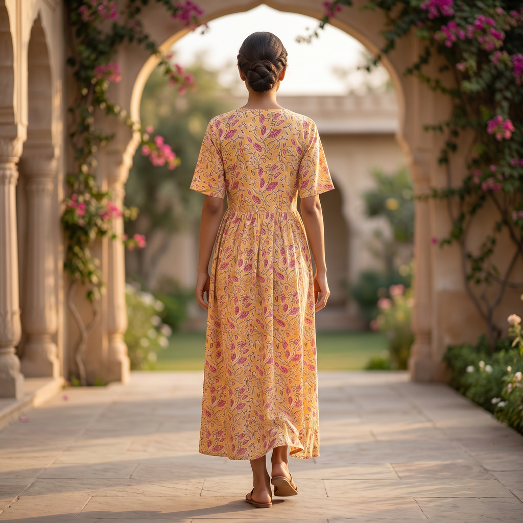 XS-S Rahaf Crystal Printed Cotton Dress 54" Long Jalabiya RN 172