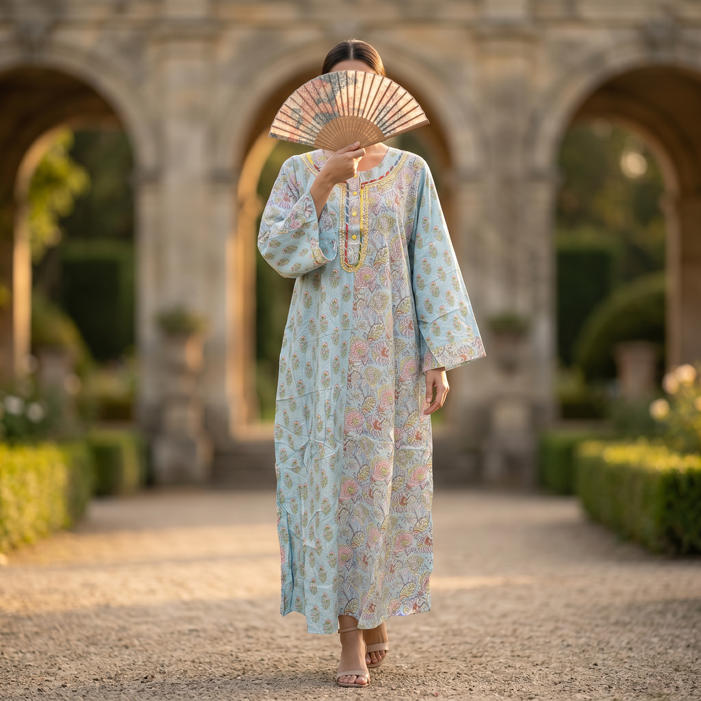 XS-S Noorain Crystal Printed Cotton Dress 54" Long Jalabiya RN 173