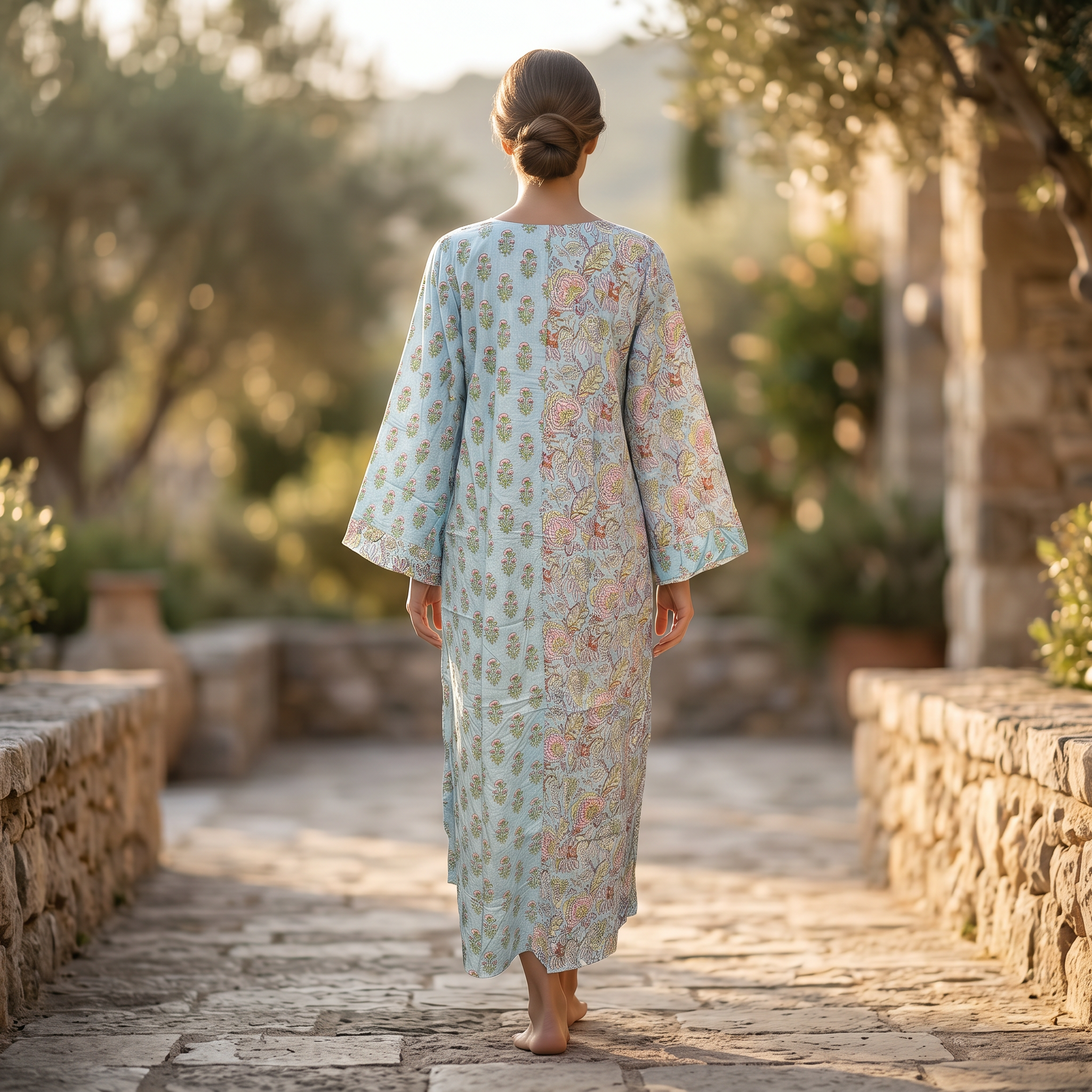 XS-S Noorain Crystal Printed Cotton Dress 54" Long Jalabiya RN 173