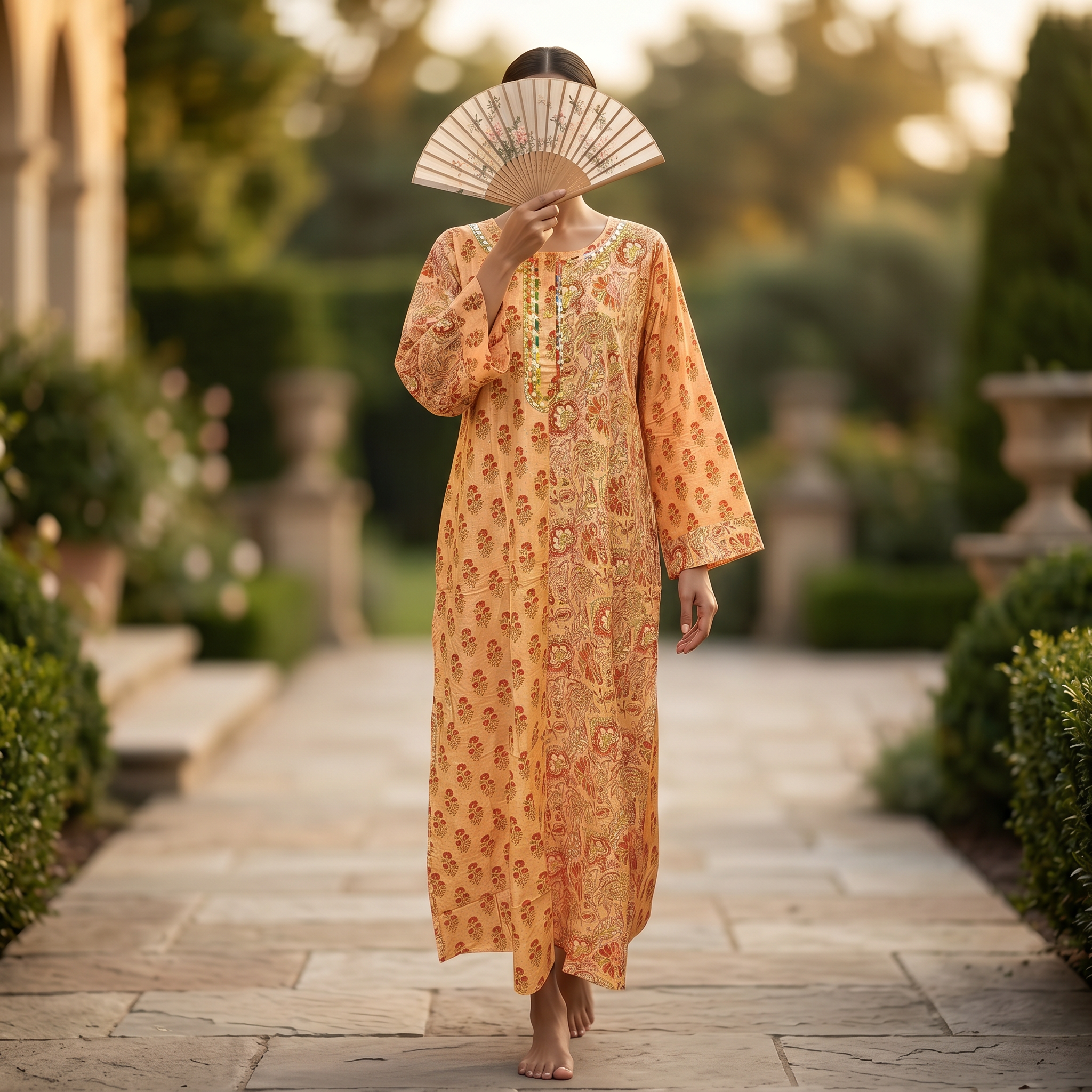 XS-S Noorain Crystal Printed Cotton Dress 54" Long Jalabiya RN 174