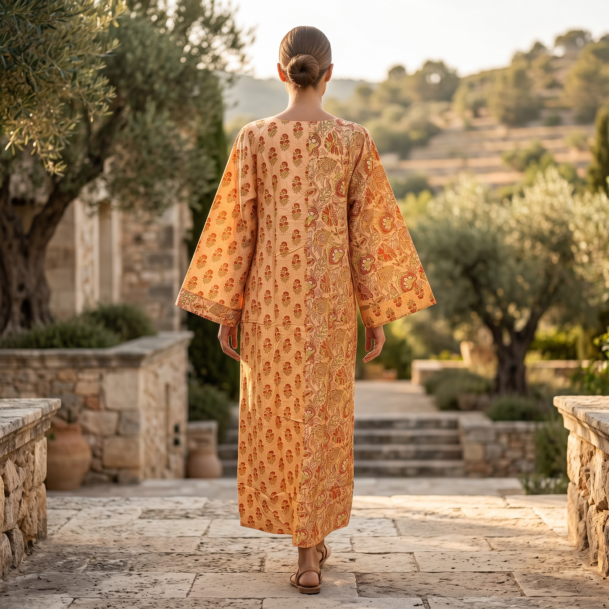 XS-S Noorain Crystal Printed Cotton Dress 54" Long Jalabiya RN 174