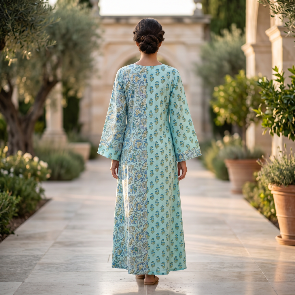 XS-S Noorain Crystal Printed Cotton Dress 54" Long Jalabiya RN 175