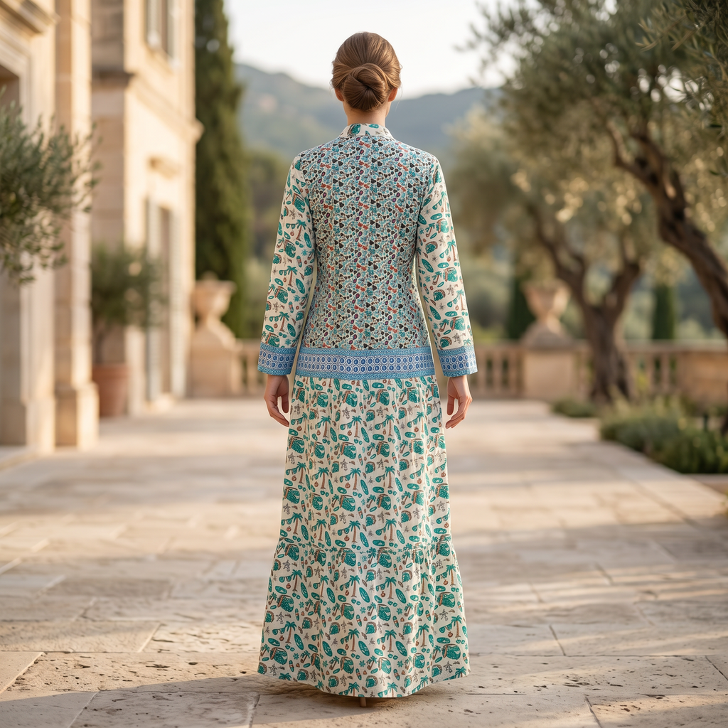 XS-S Aquamarine Crystal Printed Cotton Dress 54" Long Jalabiya RN 177