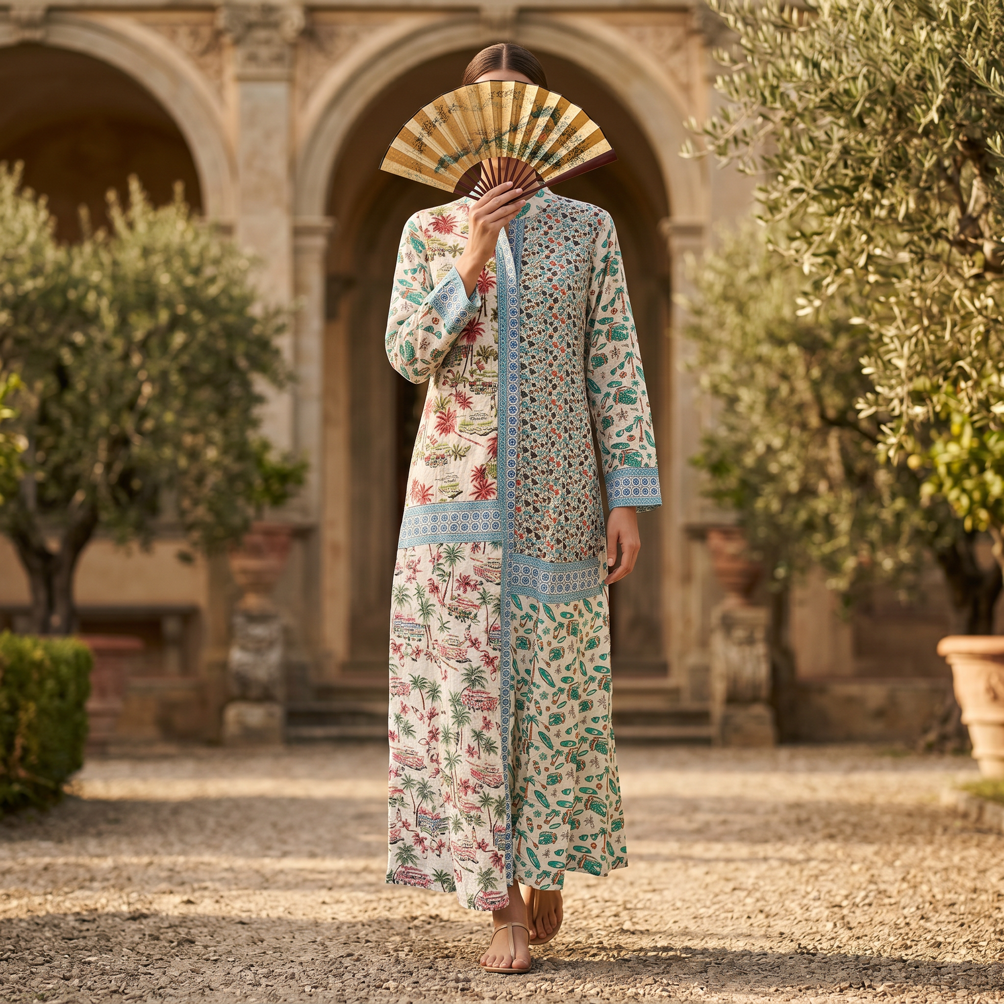 XS-S Aquamarine Crystal Printed Cotton Dress 54" Long Jalabiya RN 177