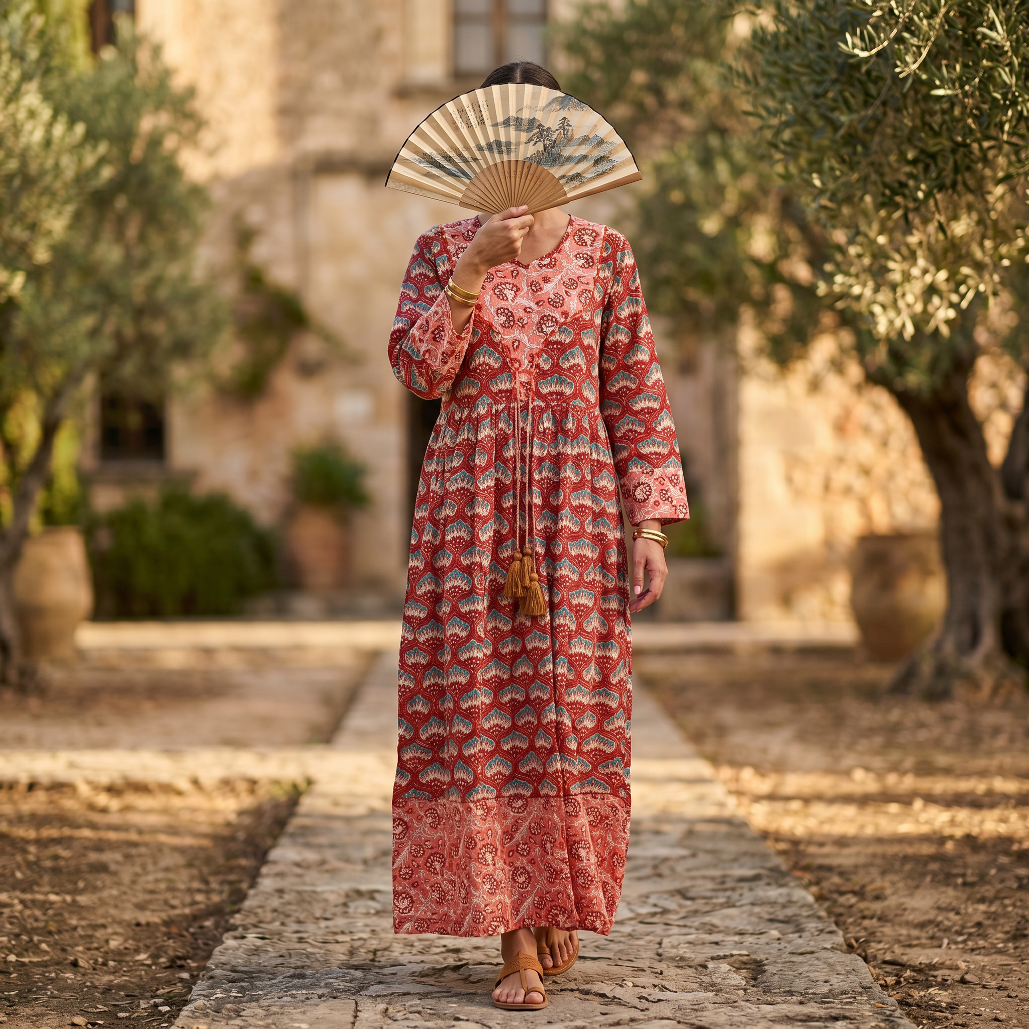 XS-S Zaria Crystal Printed Cotton Dress 54" Long Jalabiya RN 179