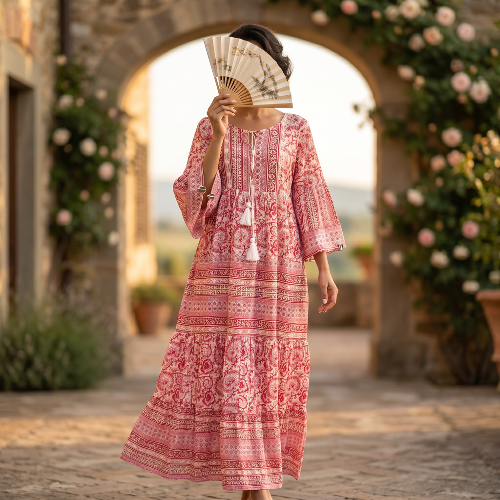 S/M Gaby Crystal Printed Cotton Dress 57" Long Jalabiya RN 17