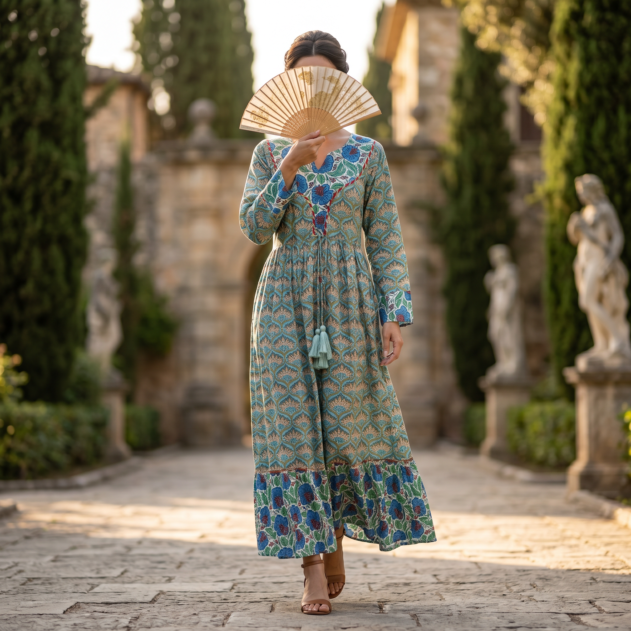 XS-S Zaria Crystal Printed Cotton Dress 54" Long Jalabiya RN 180