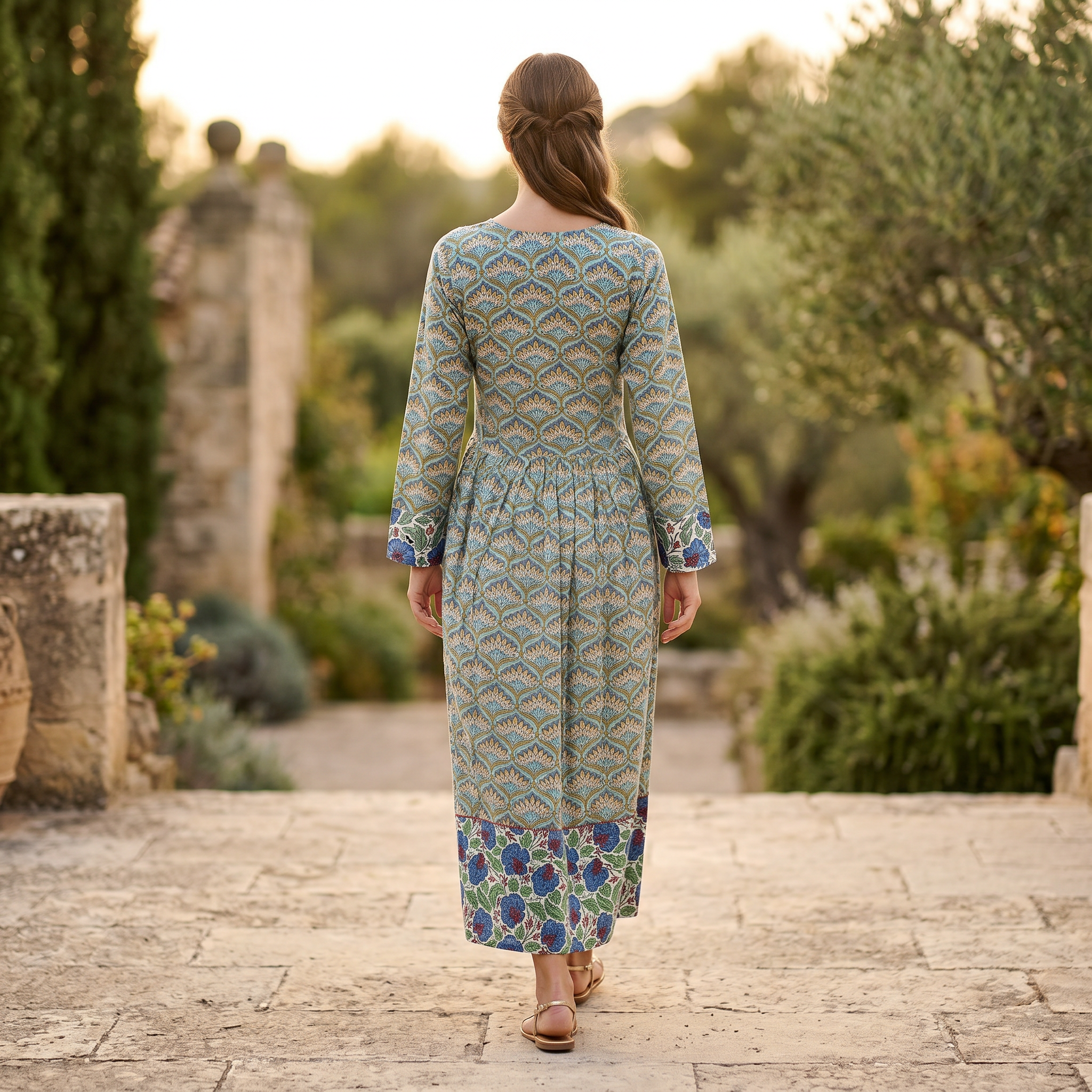 XS-S Zaria Crystal Printed Cotton Dress 54" Long Jalabiya RN 180