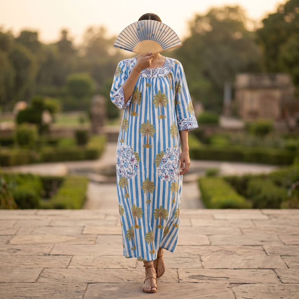 XS-S Nawaar Crystal Printed Cotton Dress 54" Long Jalabiya RN 181