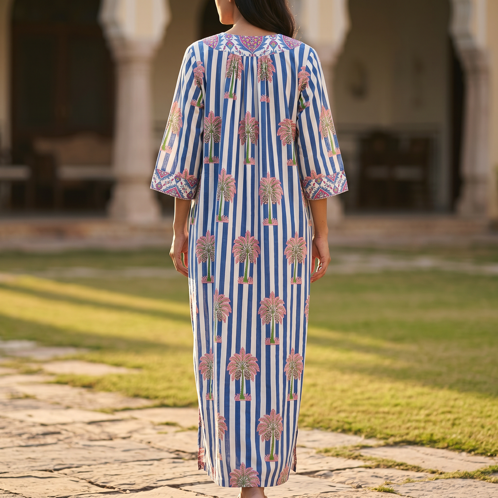 XS-S Nawaar Crystal Printed Cotton Dress 54" Long Jalabiya RN 182