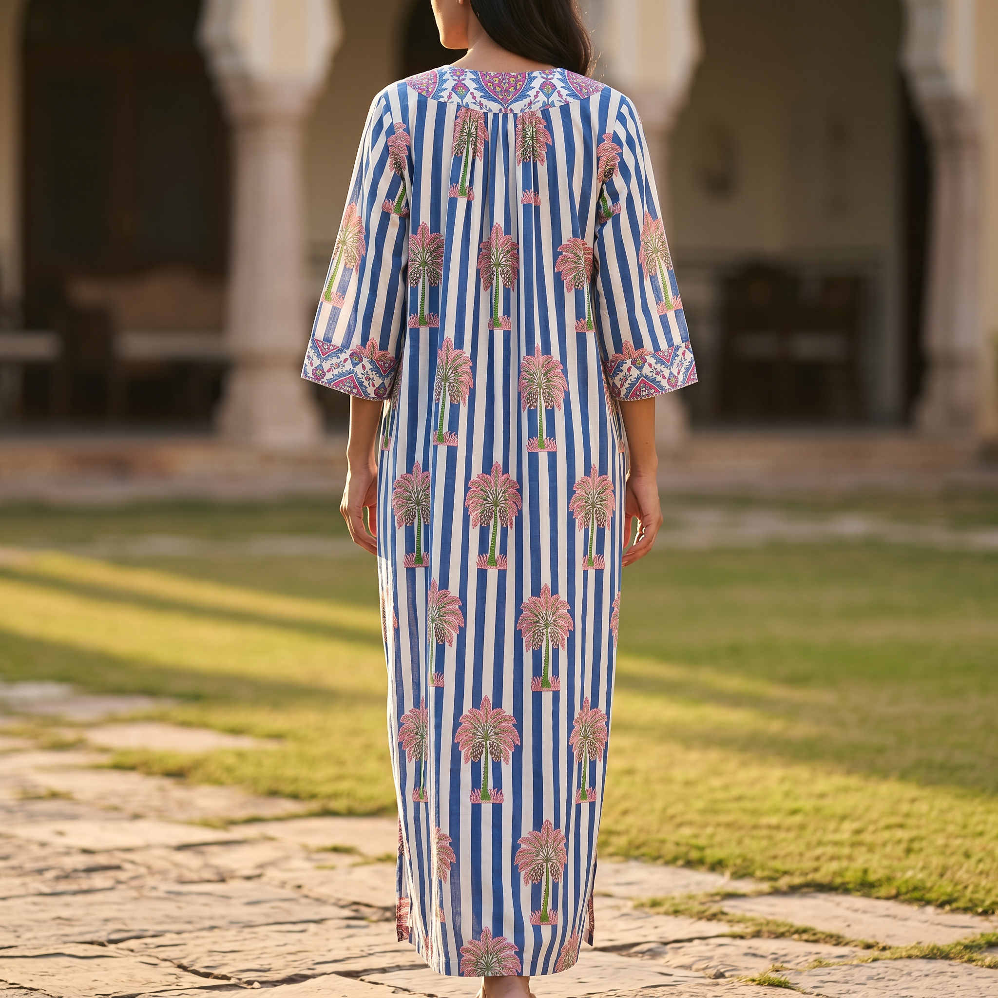 XS-S Nawaar Crystal Printed Cotton Dress 54" Long Jalabiya RN 182
