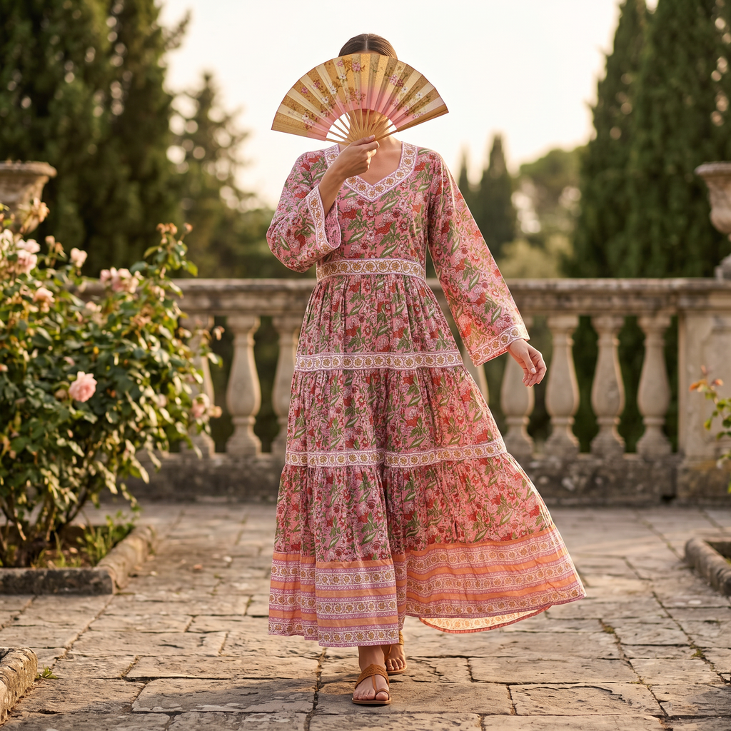 XS-S Huda Crystal Printed Cotton Dress 54" Long Jalabiya RN 186