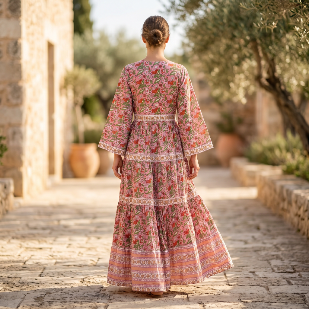 XS-S Huda Crystal Printed Cotton Dress 54" Long Jalabiya RN 186