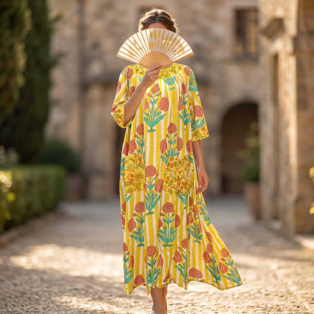 XS-S Nawaar Crystal Printed Cotton Dress 54" Long Jalabiya RN 187