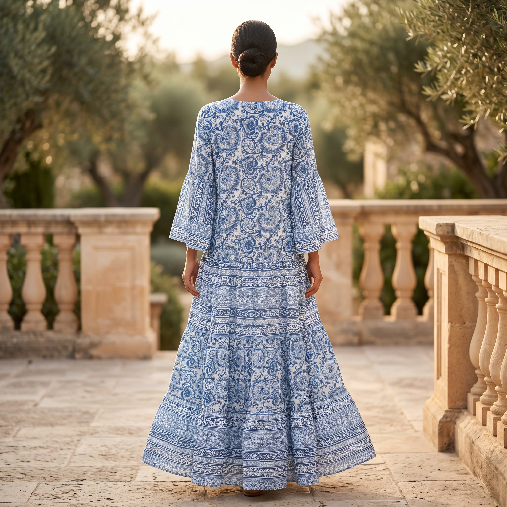 L-XL Gaby Crystal Blue Printed Cotton Dress 57" Long Jalabiya RN 18