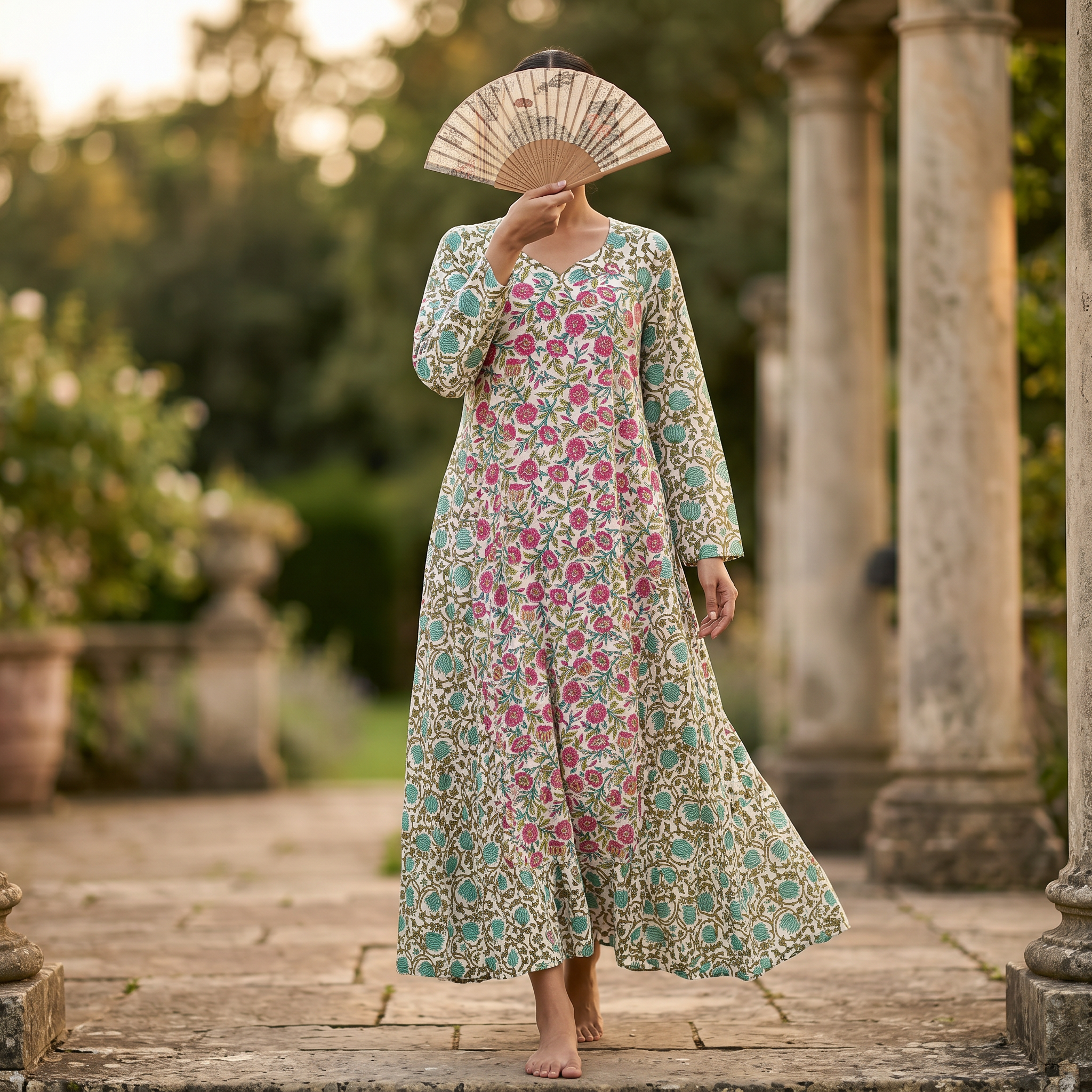S-M Najia Crystal Printed Cotton Dress 57" Long Jalabiya RN 190