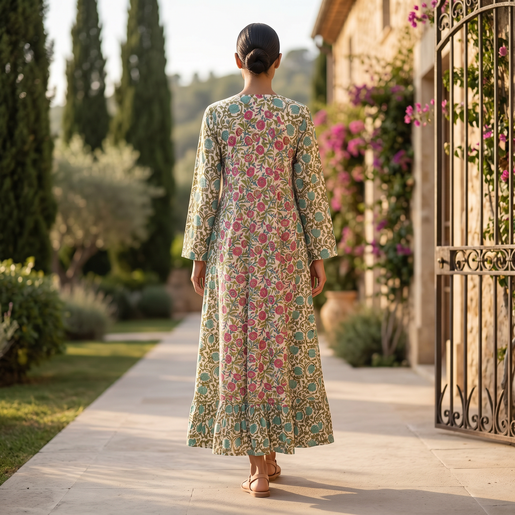 S-M Najia Crystal Printed Cotton Dress 57" Long Jalabiya RN 190