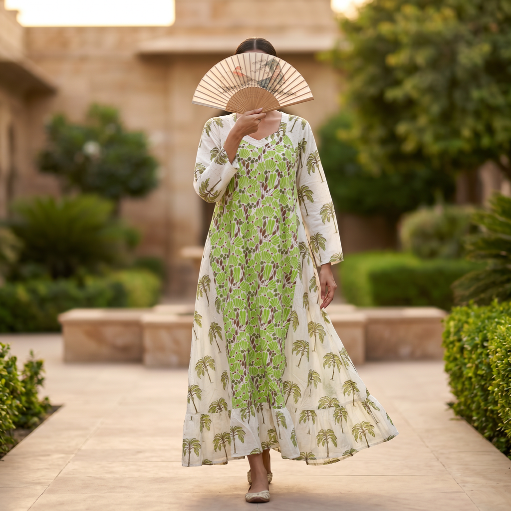 S-M Najia Crystal Printed Cotton Dress 57" Long Jalabiya RN 191