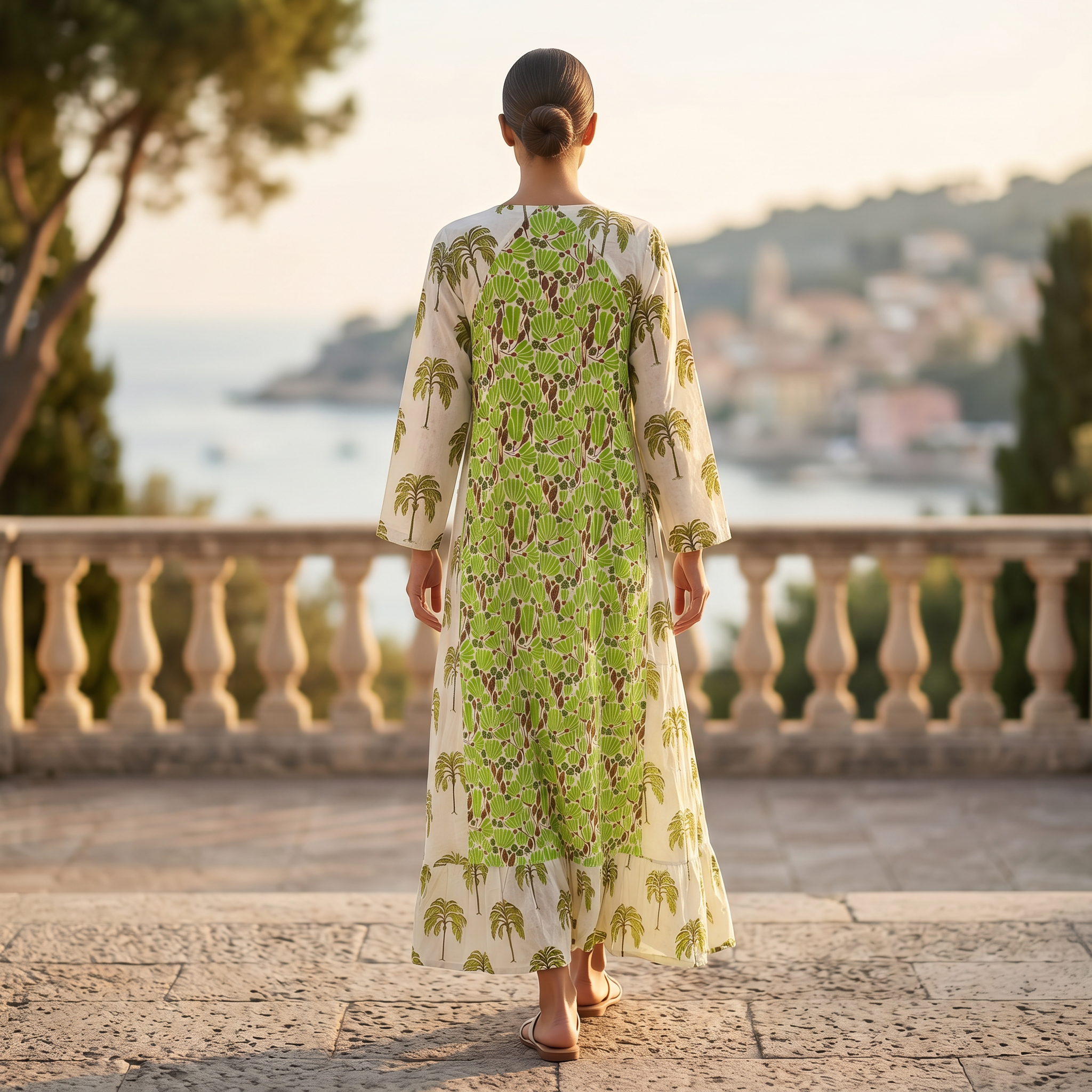 S-M Najia Crystal Printed Cotton Dress 57" Long Jalabiya RN 191